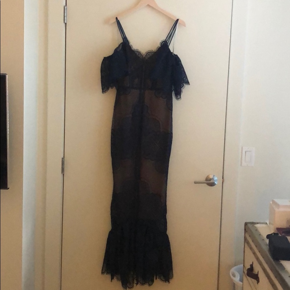 Marchesa Notte!!! Blue mermaid gown. Form fitting.
